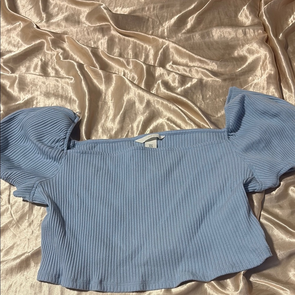 Blue Off-Shoulder Ribbed Top
